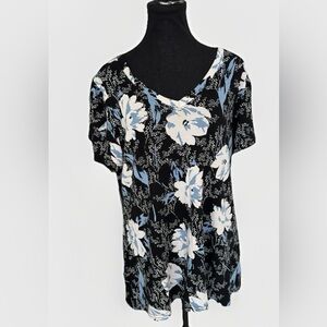 Cathy Womens Large Black Blue Floral V Neck Short Sleeve Tunic Top